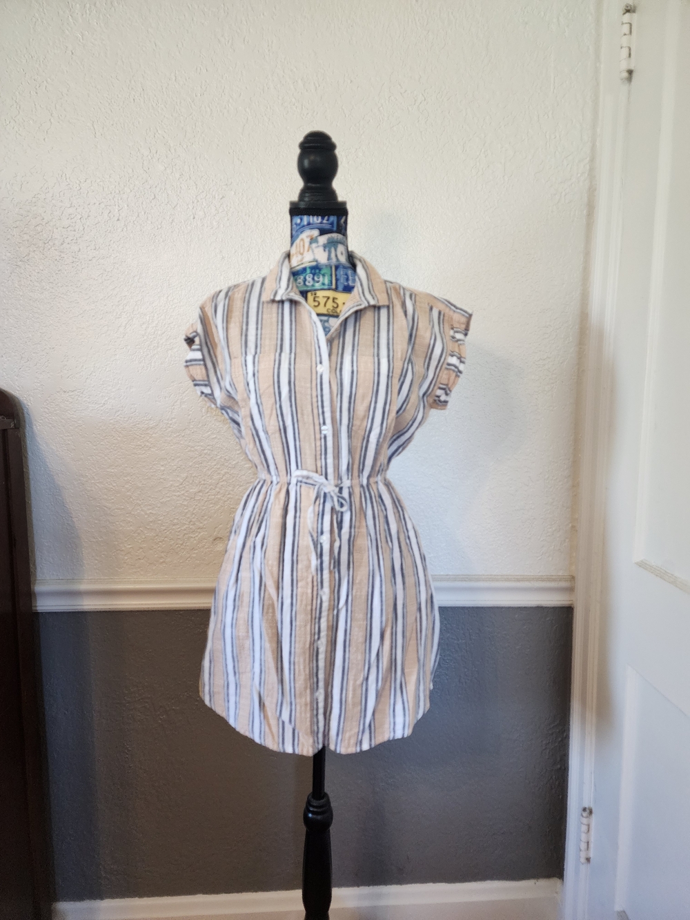 Japna Striped Button-Front Dress in Beige, White & Navy